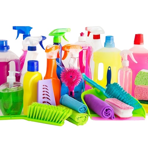 group of cleaning brushes, chemical containers and bottles